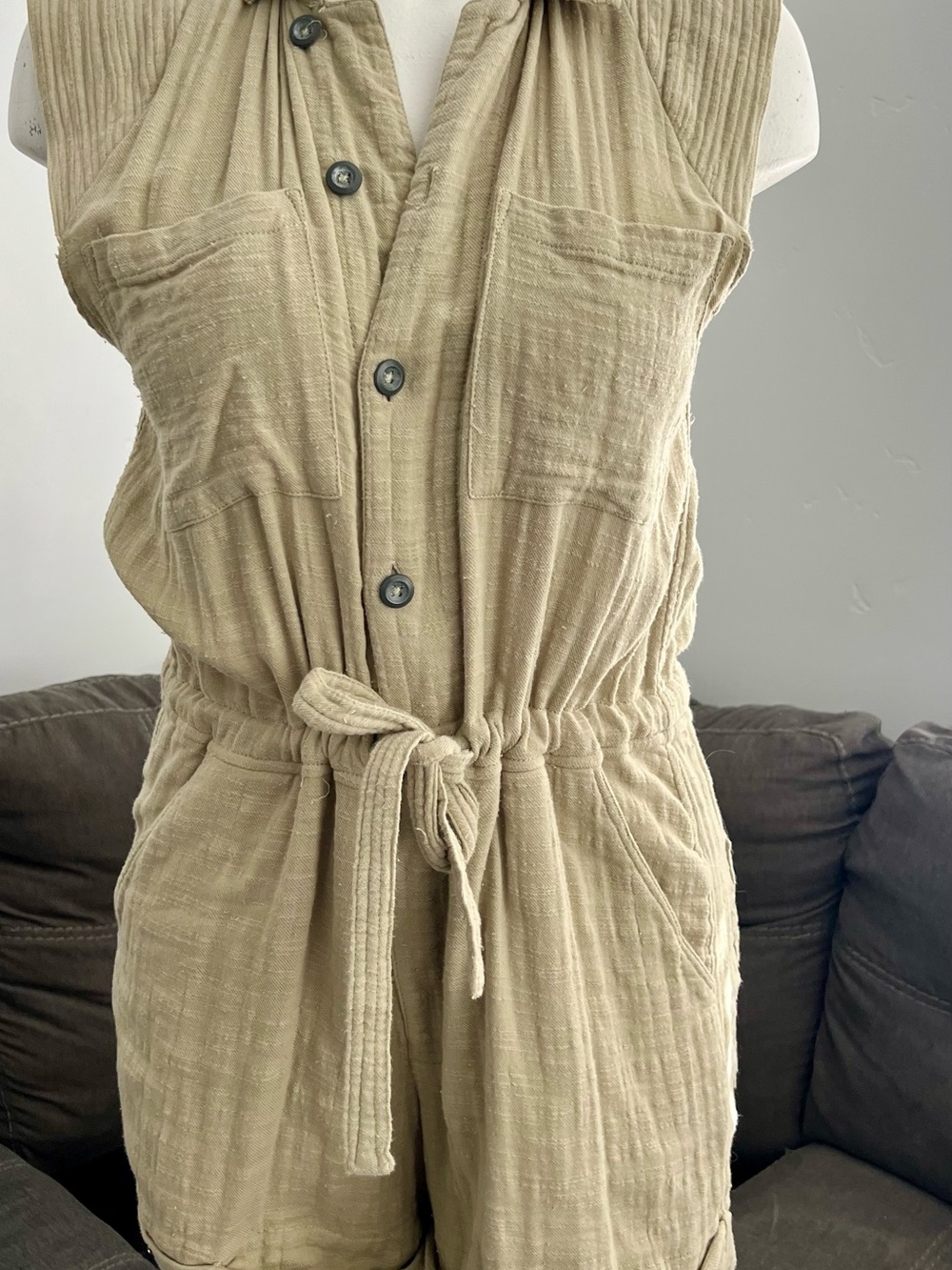 Free People Beige Cotton Short, Sleeveless Romper